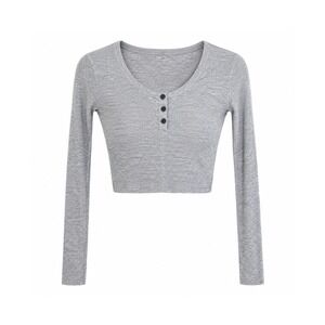 American Eagle Womens Small Gray Ribbed Henley Crop Top Long Sleeve Stretch